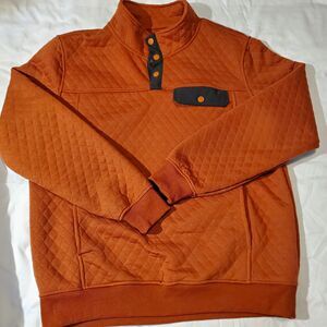 Men's Orange Quilted Quarter Snap Pullover Sweatshirt Long Sleeve Kangaroo Sz L